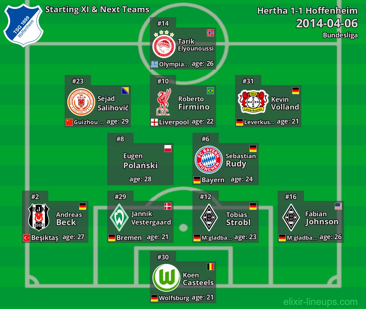 Hoffenheim Starting XI & Next Teams 2014-04-06