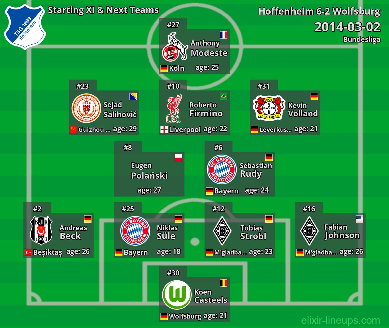 Hoffenheim Starting XI & Next Teams 2014-03-02