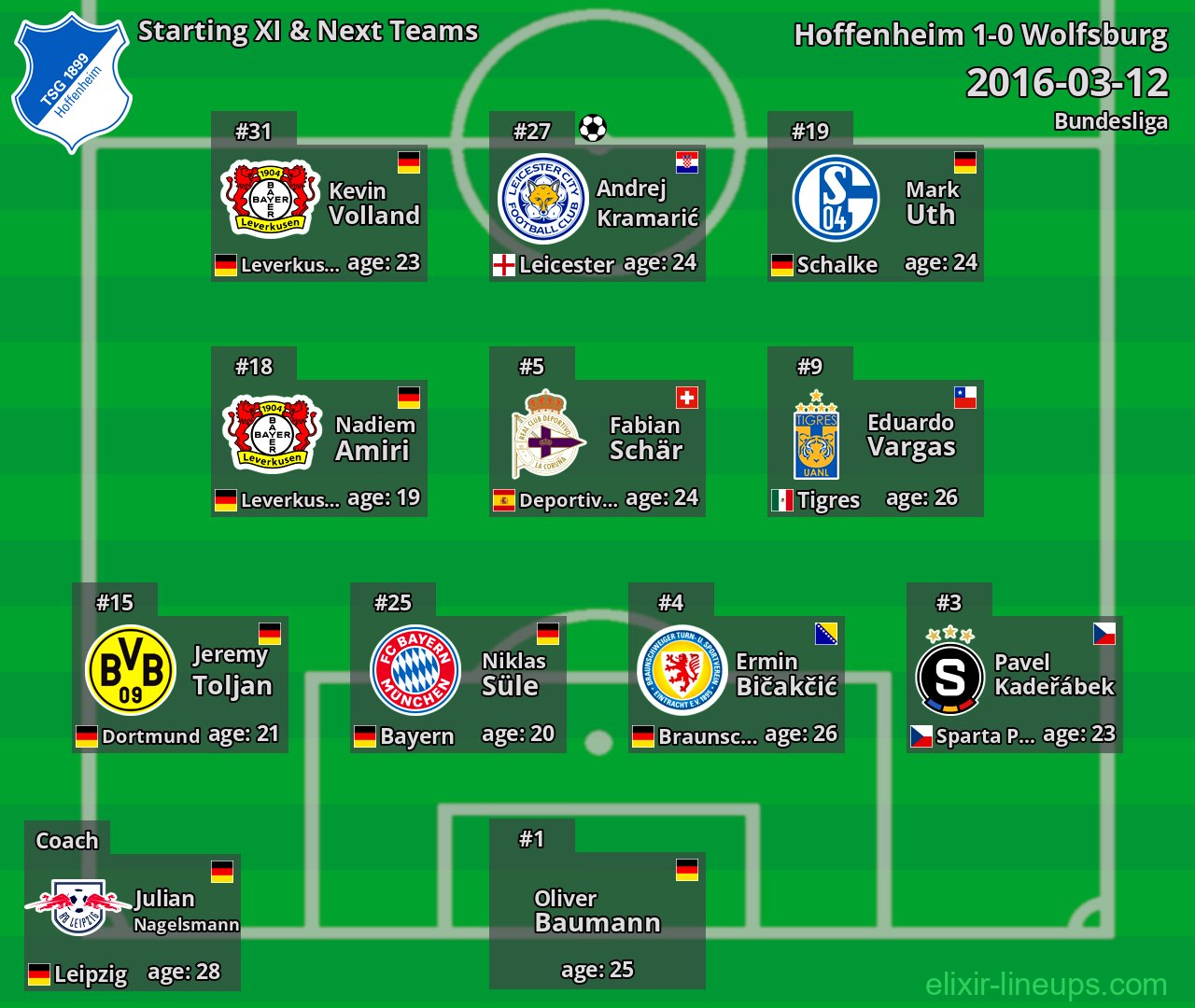 Hoffenheim Starting XI & Next Teams 2016-03-12