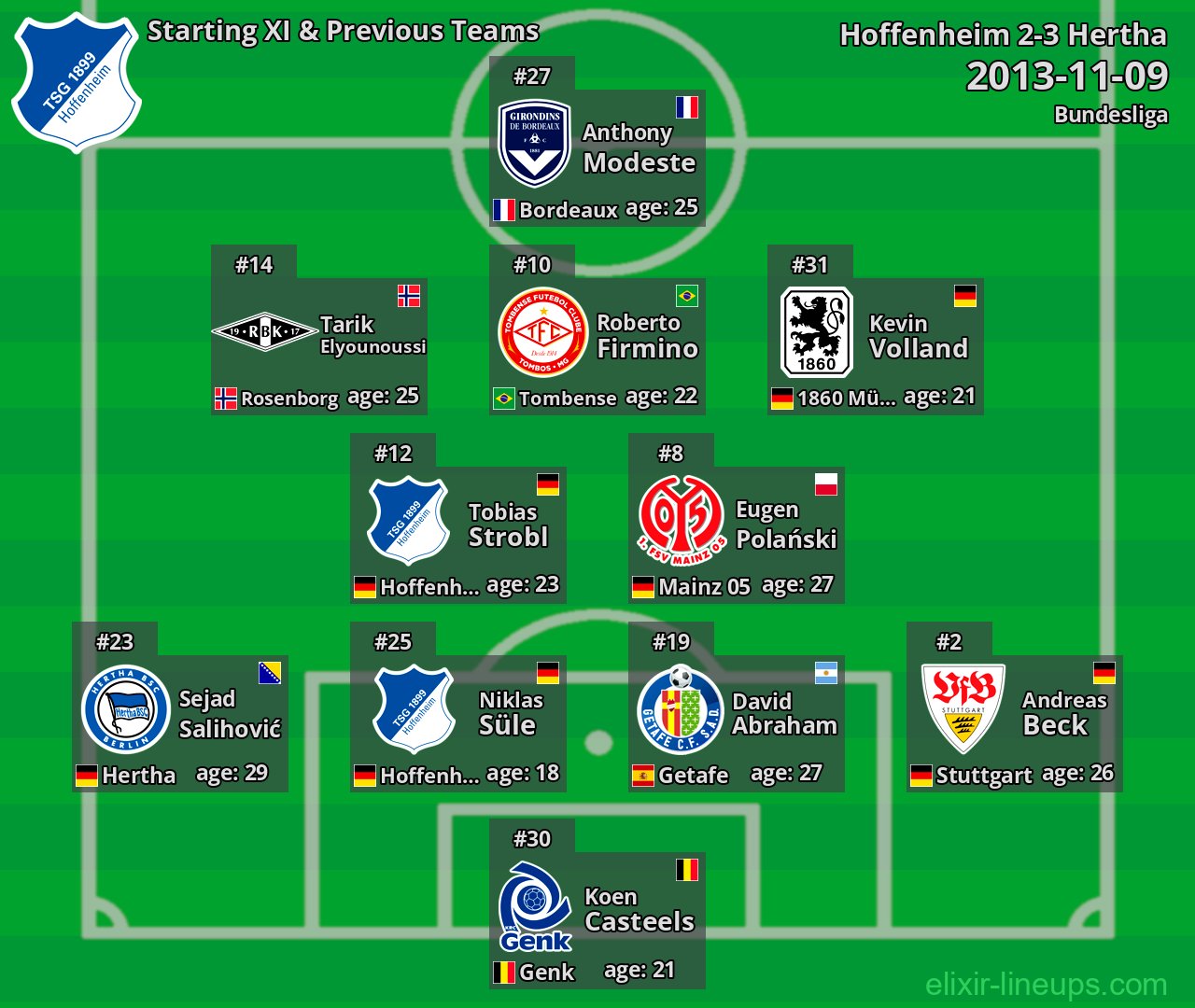 Hoffenheim Starting XI & Previous Teams 2013-11-09