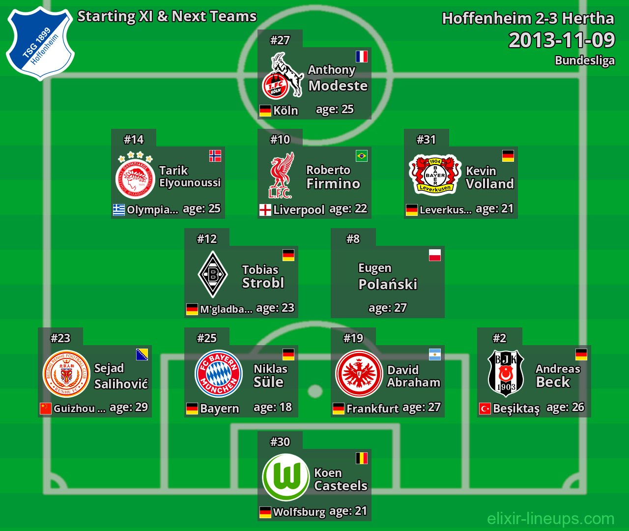 Hoffenheim Starting XI & Next Teams 2013-11-09