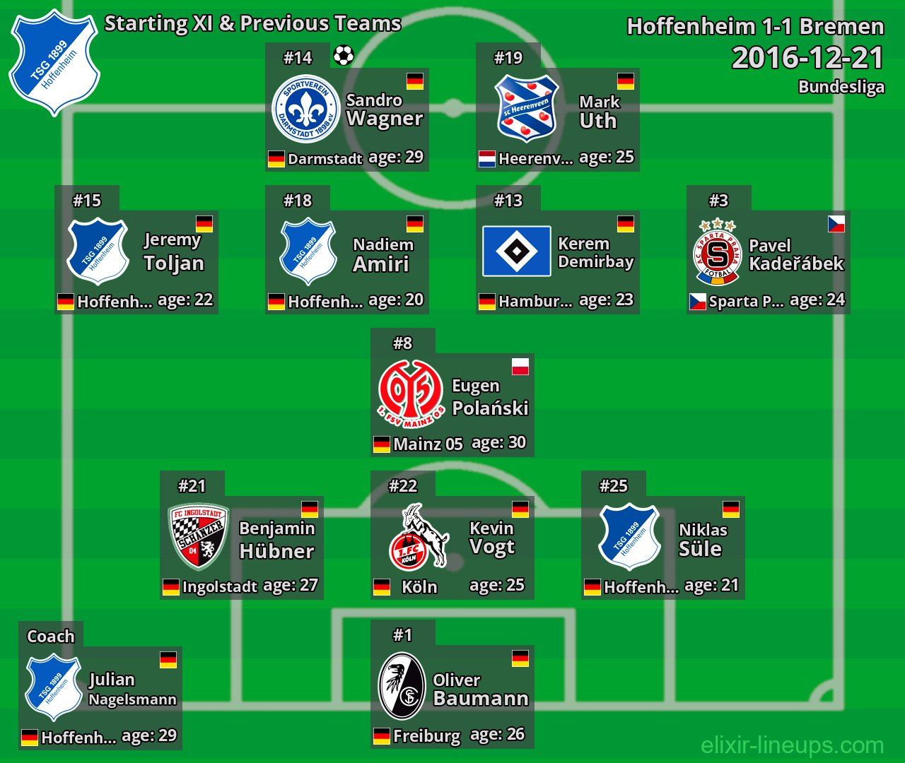 Hoffenheim Starting XI & Previous Teams 2016-12-21