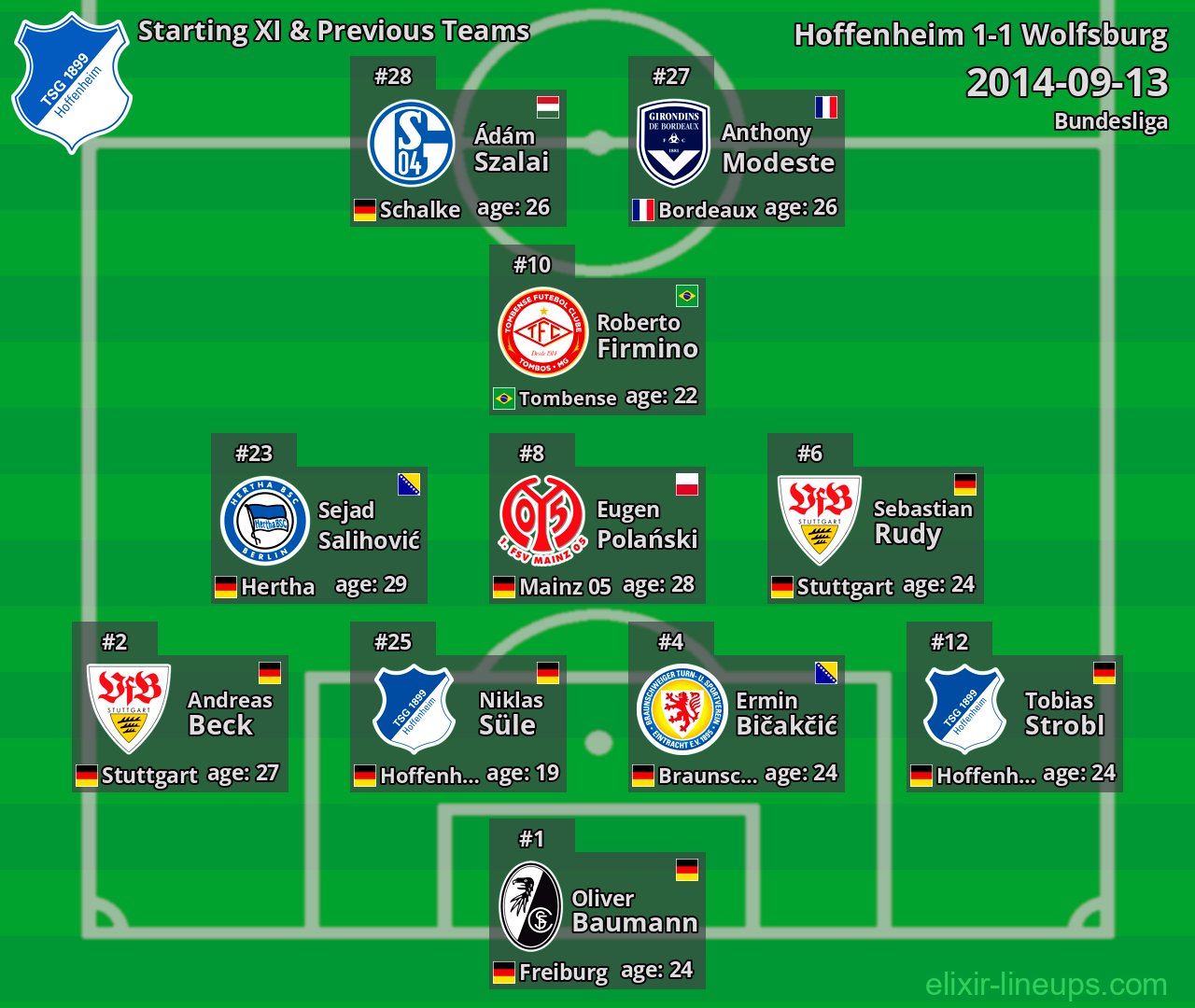 Hoffenheim Starting XI & Previous Teams 2014-09-13