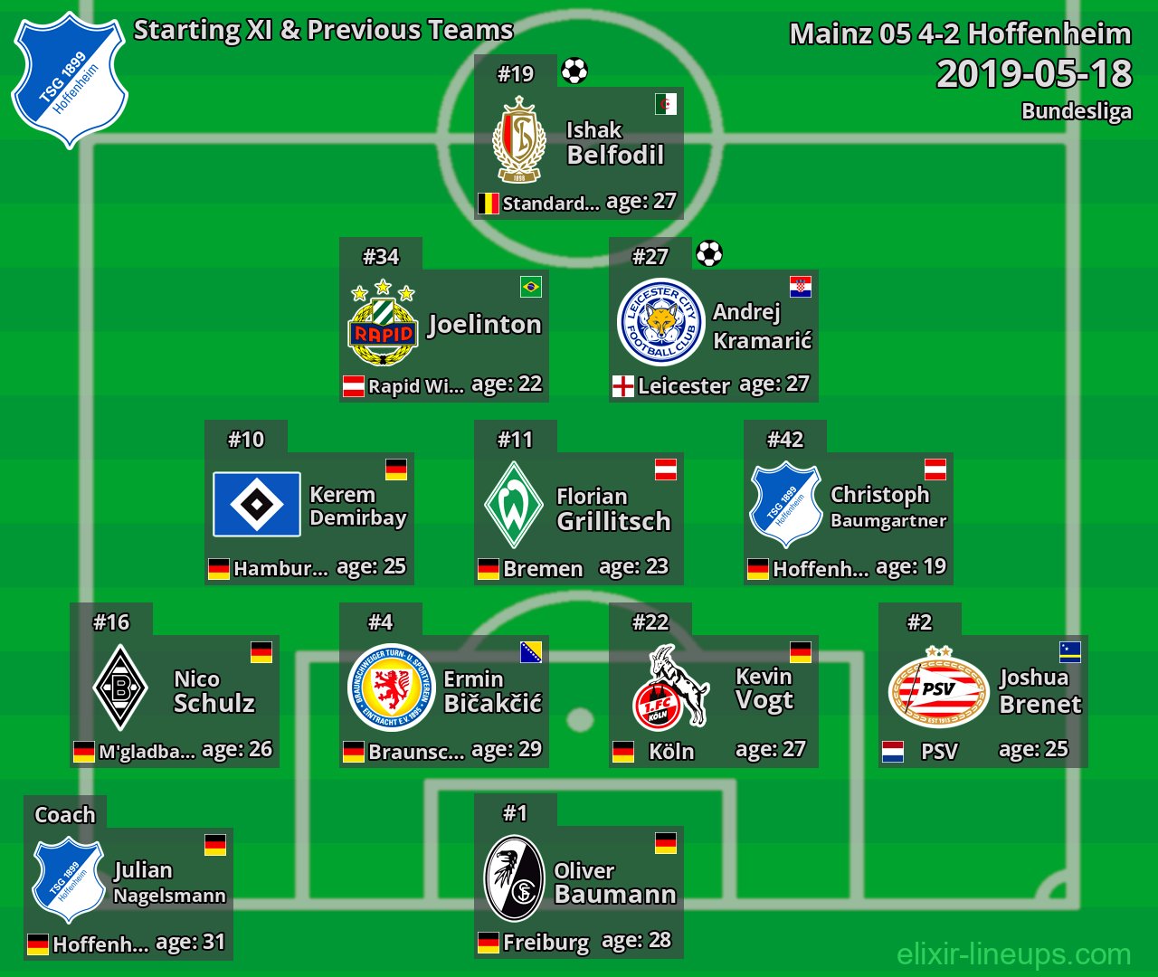 Hoffenheim Starting XI & Previous Teams 2019-05-18