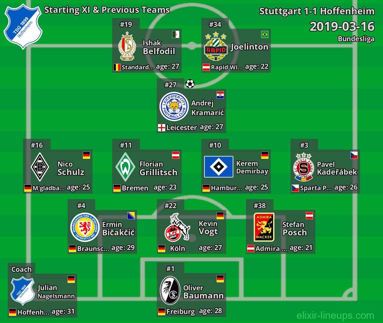 Hoffenheim Starting XI & Previous Teams 2019-03-16