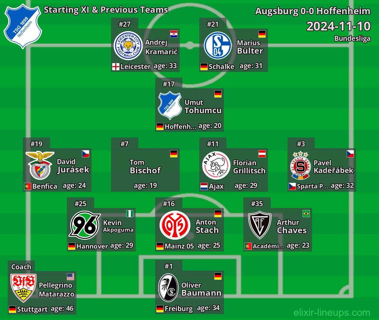 Hoffenheim Starting XI & Previous Teams 2024-11-10