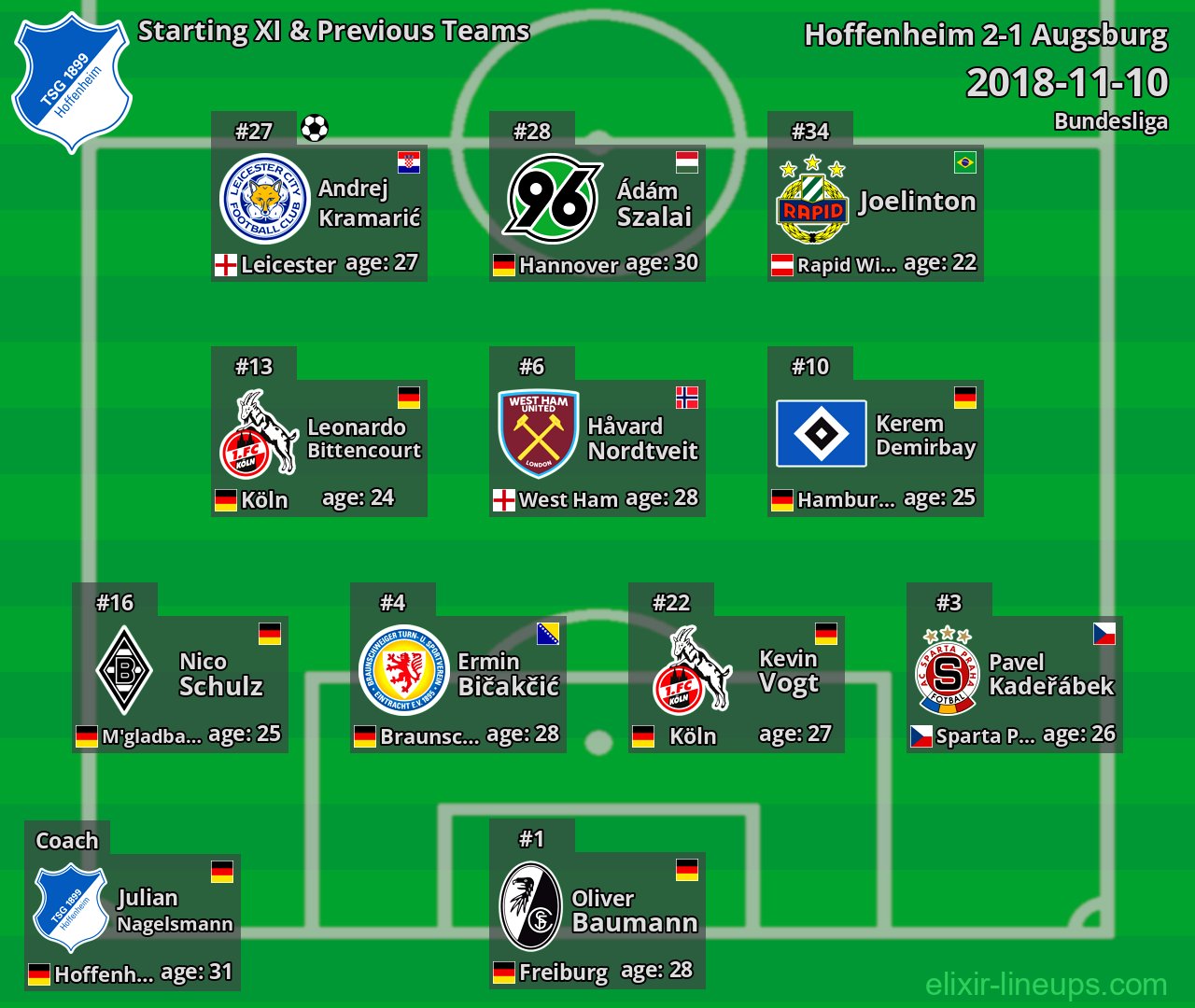 Hoffenheim Starting XI & Previous Teams 2018-11-10