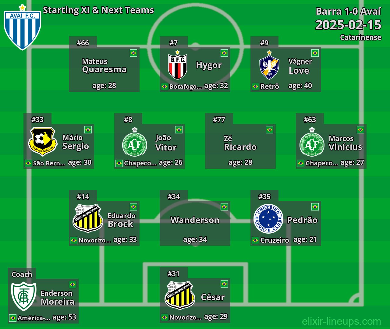Avaí Starting XI & Next Teams 2025-02-15