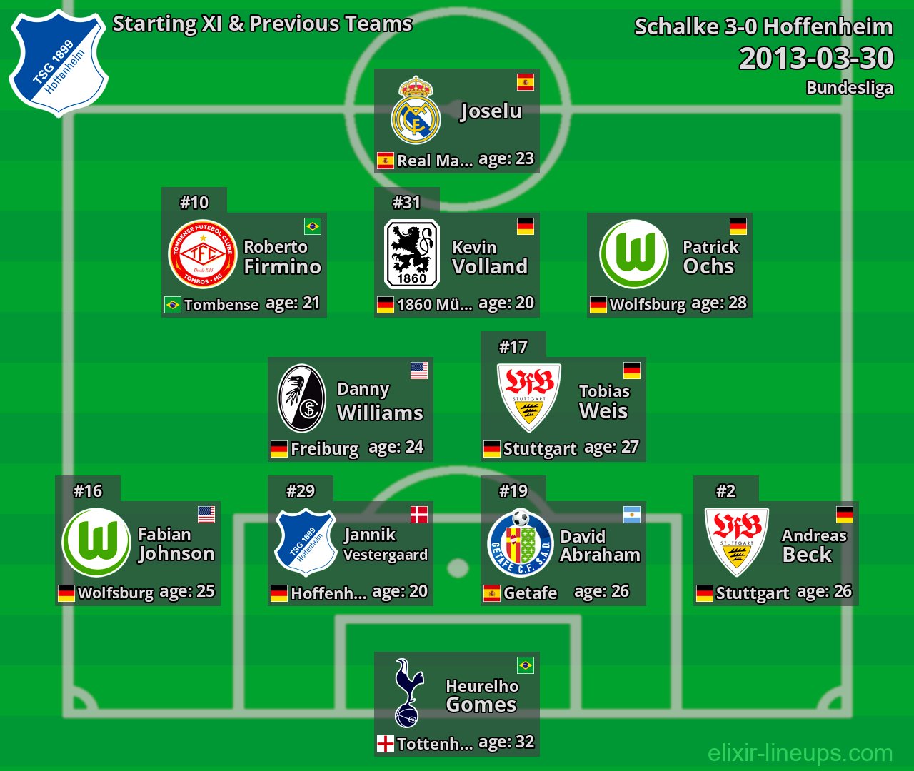 Hoffenheim Starting XI & Previous Teams 2013-03-30