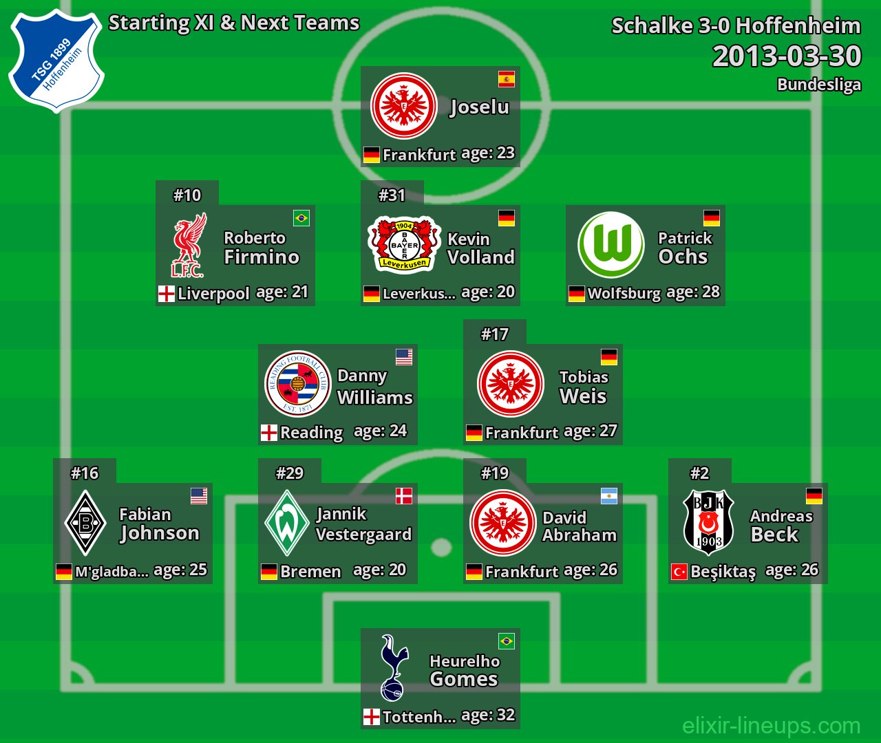 Hoffenheim Starting XI & Next Teams 2013-03-30