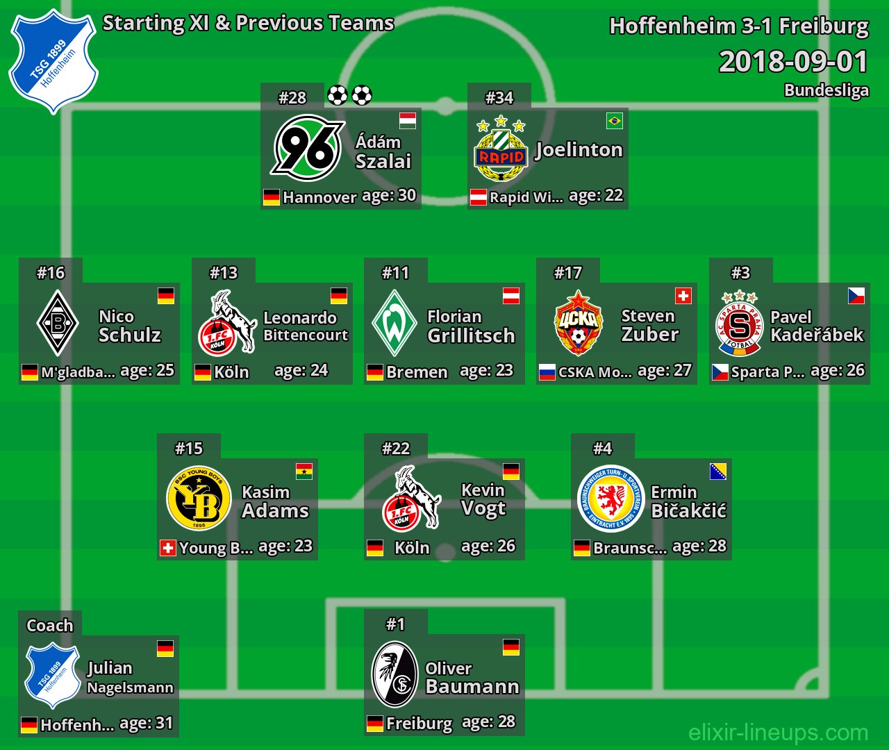 Hoffenheim Starting XI & Previous Teams 2018-09-01
