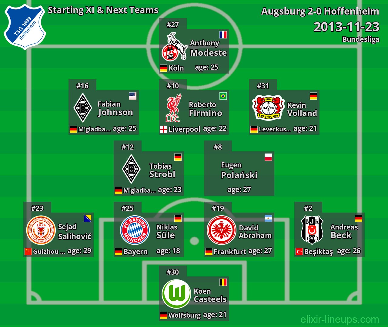 Hoffenheim Starting XI & Next Teams 2013-11-23