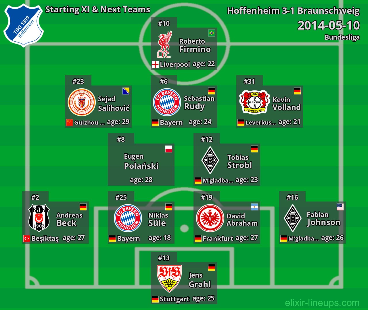 Hoffenheim Starting XI & Next Teams 2014-05-10