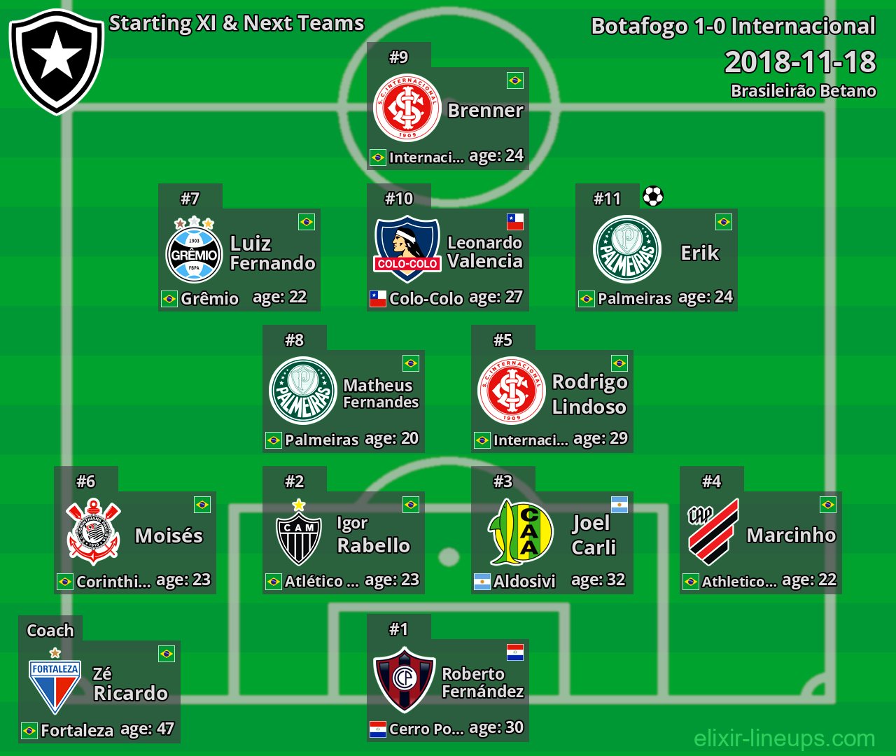 Botafogo Starting XI & Next Teams 2018-11-18