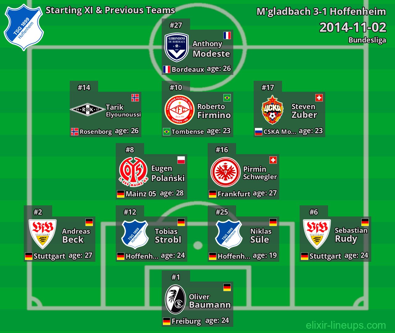 Hoffenheim Starting XI & Previous Teams 2014-11-02