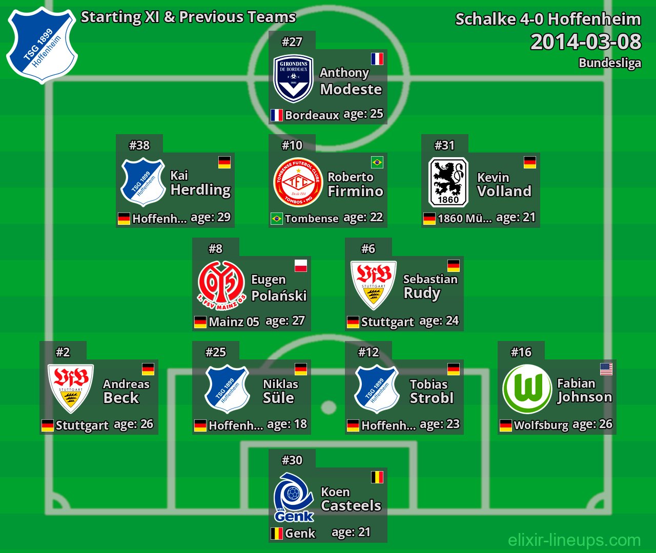 Hoffenheim Starting XI & Previous Teams 2014-03-08