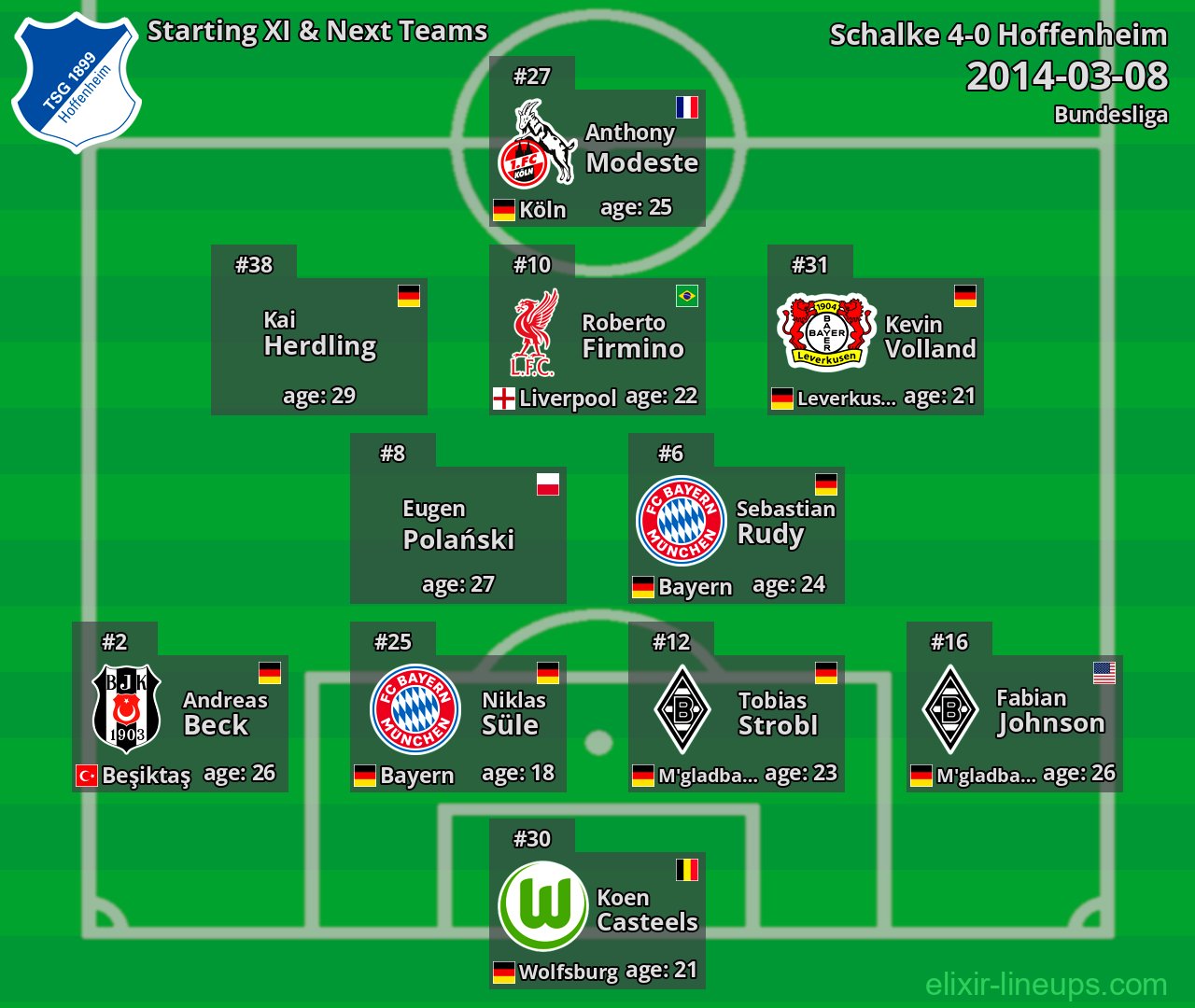 Hoffenheim Starting XI & Next Teams 2014-03-08