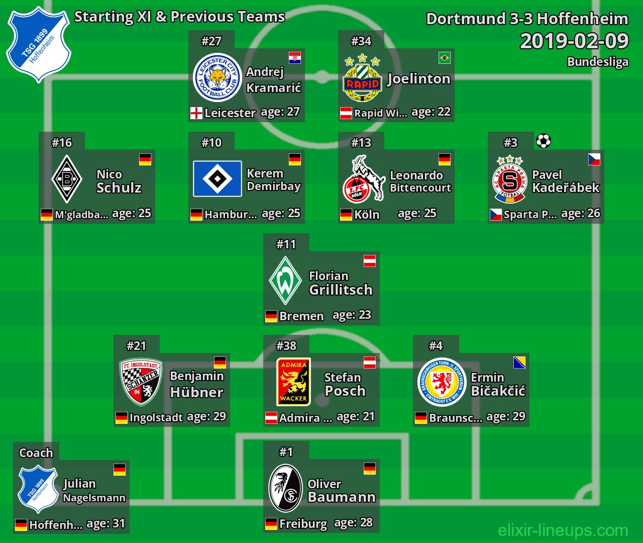 Hoffenheim Starting XI & Previous Teams 2019-02-09