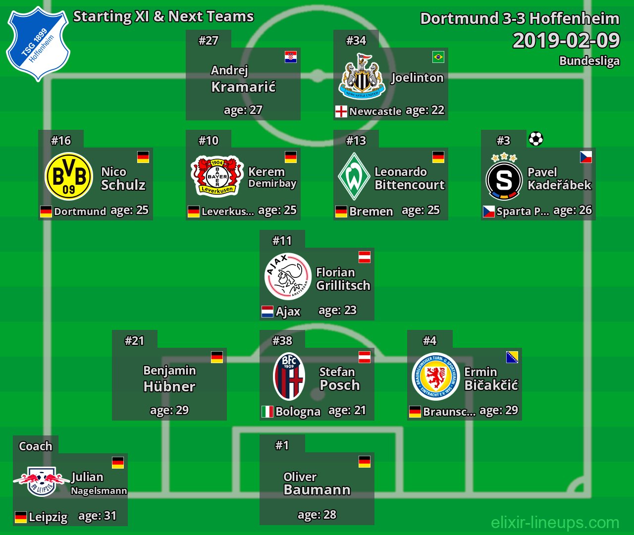 Hoffenheim Starting XI & Next Teams 2019-02-09