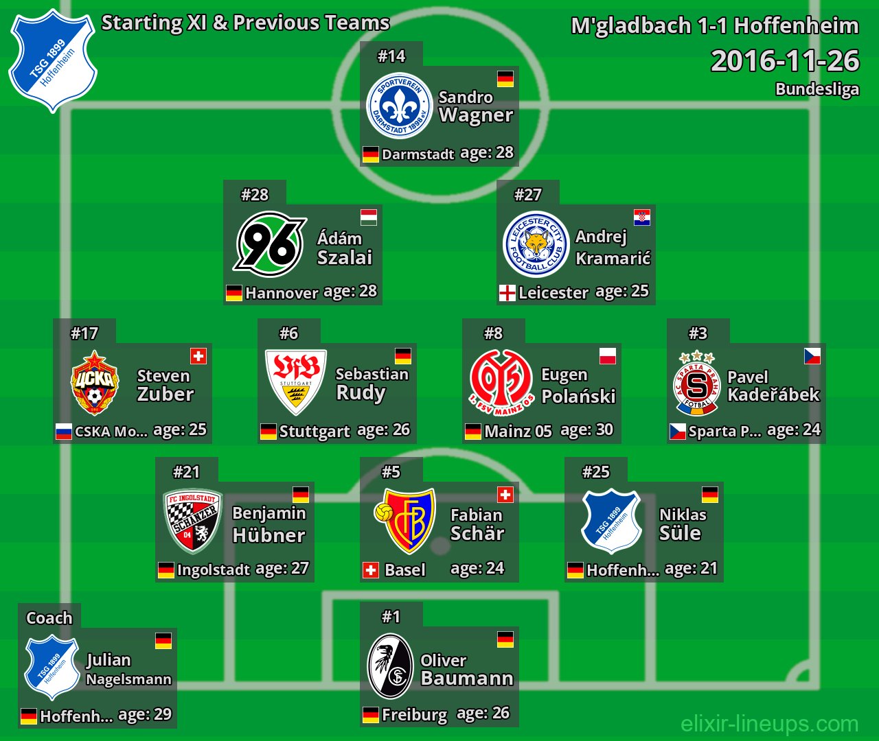 Hoffenheim Starting XI & Previous Teams 2016-11-26