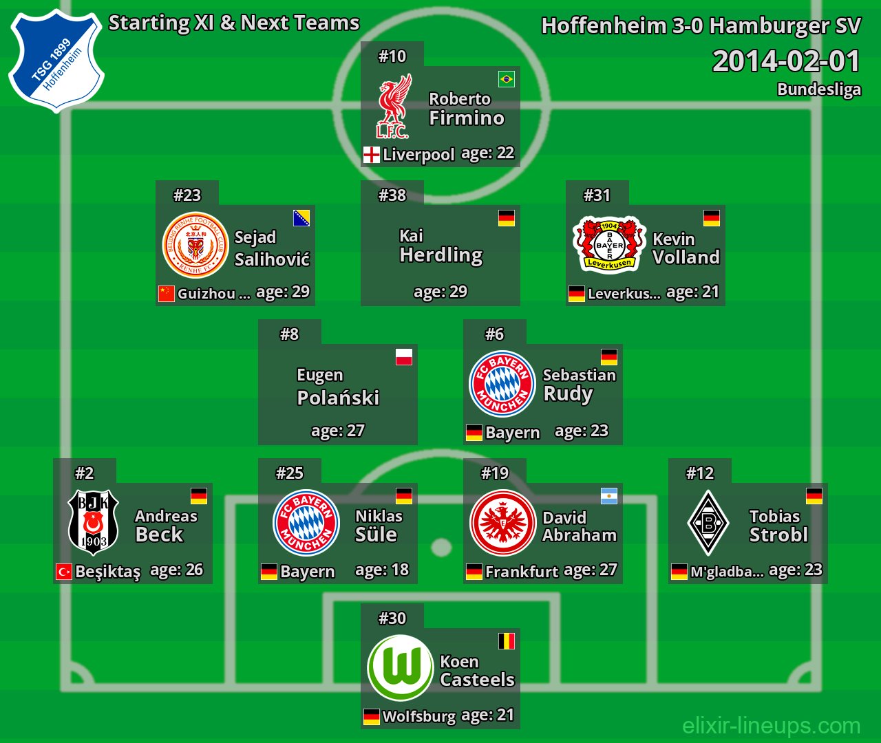 Hoffenheim Starting XI & Next Teams 2014-02-01