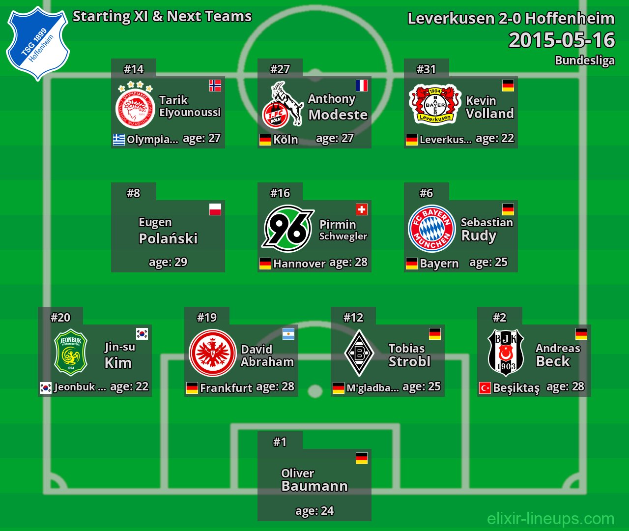 Hoffenheim Starting XI & Next Teams 2015-05-16
