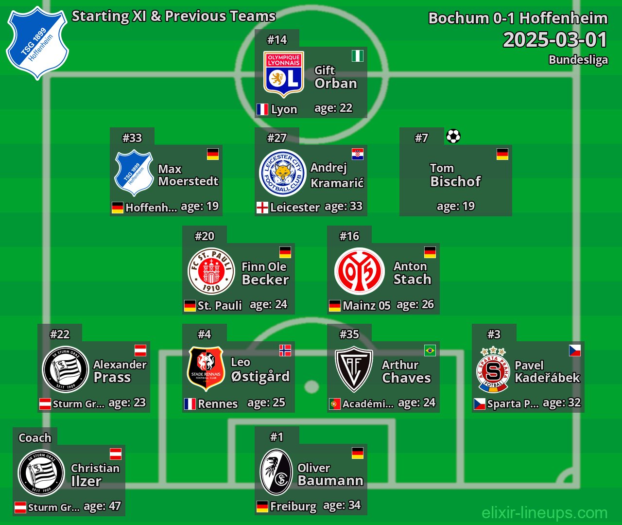 Hoffenheim Starting XI & Previous Teams 2025-03-01