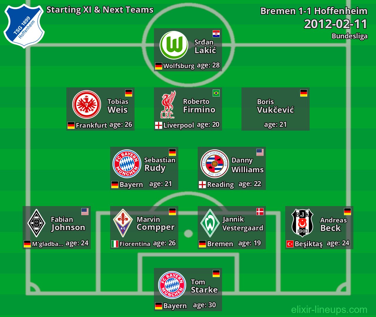 Hoffenheim Starting XI & Next Teams 2012-02-11