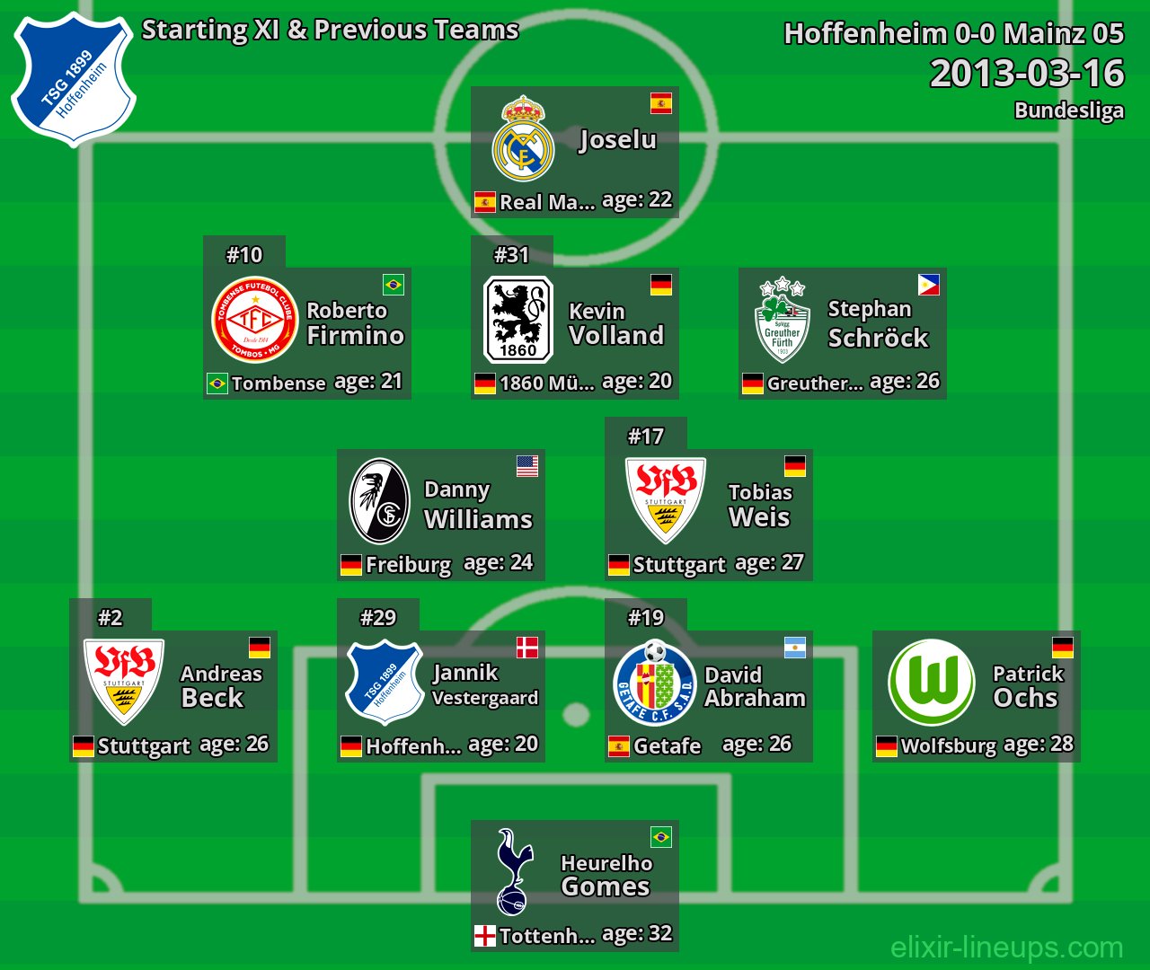 Hoffenheim Starting XI & Previous Teams 2013-03-16