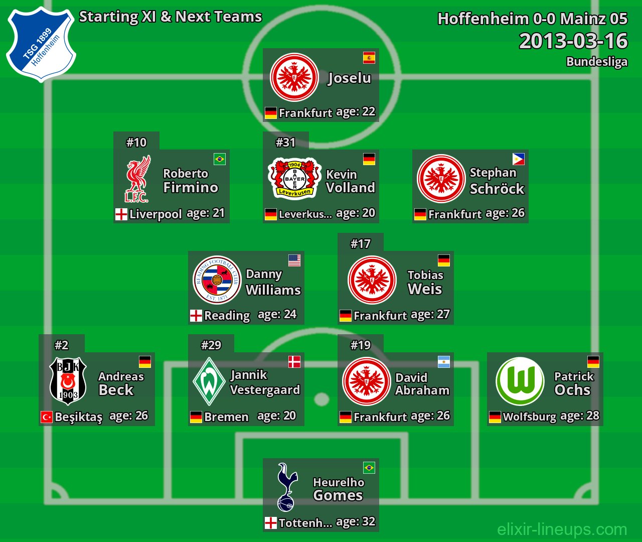 Hoffenheim Starting XI & Next Teams 2013-03-16