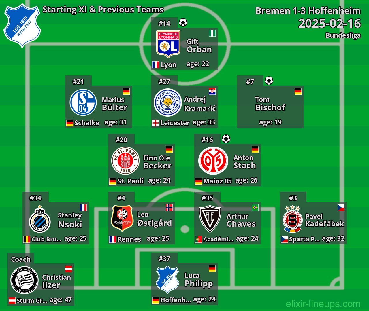 Hoffenheim Starting XI & Previous Teams 2025-02-16